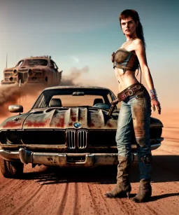 Realistic image. Portrait. Mad max car. Sweet pretty woman in the foreground. BMW 4 series. 4k resolution, intricate details, ornate details, soft lighting, vibrant colors, mad max background