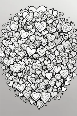 create a coloring page of a bunch of hearts over the page, black and white