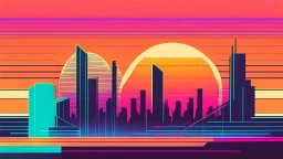 minimal design,shapes, synth-wave, synth-wave sun, synth-wave city, simple,iconic:1.8), synth-wave color in city, comic style