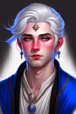 a wealthy half-elf young man with pointy ears and blue eyes, wears lots of jewelry, white hair