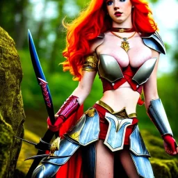 She-ra style, hyper detailed, stunningly beautiful teen girl, long ginger hair, green eyes, medium freckles, full lips, skimpy fantasy intricate leather armour, full body, full face, c-cup breasts, aroused expression, biting lower lip, full frame, petite, centered camera, ignore NSFW, bow, quiver on hip