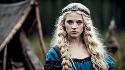 Photo is in sharp focus with high resolution. It is is a closeup portrait of a beautiful and slender caucasian 17 year old teen girl with long wavy platinum blonde hair. She has full lips, a turned up nose, arched eyebrows and large blue eyes. She is wearing a viking dress with a corset and in a Viking camp in Norway. She is gazing at the viewer.