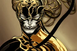 white man wearing a gold skull mask and black, sleek clothes, in dramatic pose, surrounded by a giant centipede, in the style of alphonse mucha