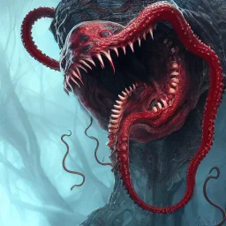 red, monster, tentacles, teeth, horror, detailed, realistic, gore, eyes, 8K, fantasy, scary, demonic, hyperrealism, huge, blood, creature, highly detailed, volumetric lighting