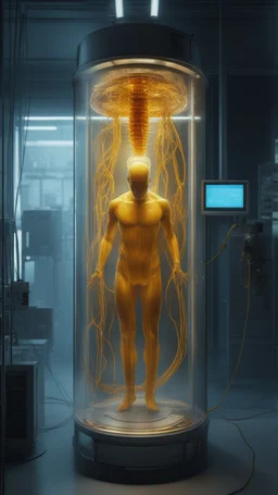 Sleeper in tube cabinet made of glass filled to the top with honey coloured liquid , in a laboratory inside it a half alien and a half human creature body standing vertically inside , connected with wires and electrical wires , the human standing in side, a high tech equipment in the background ,4K, cinematic, high resolution