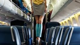 woman stands leaving wet spot on airplane seat