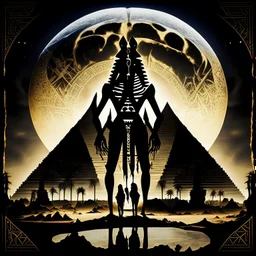 double exposure silhouette of brilliant fantastical Egyptian Bes God, moon rise over Giza pyramids, Lovecraftian Hieroglyphic symbology, intricately detailed, hyper-detailed; complex contrast, incredible composition; dynamic lighting; meticulously composed concept art, masterpiece, heavy metal Album Cover by Wes Benscoter, Reflections, cell-shaded, macabre, sinister