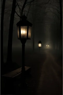 Night, lanterns, square bench, dirt roads, trees, gothic horror films influence, creepy, photography