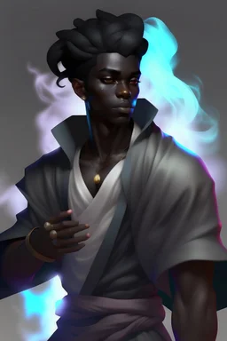 Male Air genasi fra d&d with black skin smoke some hair an Asian skin ghostly appearance with a Smokey undertone