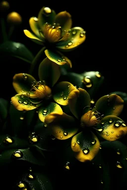 golden flowers with drops of water, bottom on a dark green background, 8k