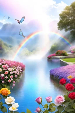 Trés belles roses, rainbows, beautiful colors gardens , flowers, cascades,Birds, butterfly