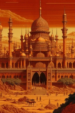 A dark orange kingdom in a desert with a giant palace designed in Mayan architecture painted by Jackson Pollock