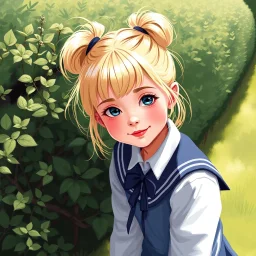 a pretty girl, age 8, blonde hair in bunches, playing outside by the bushes, school uniform, digital painting, stylised