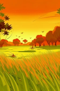 Rice field，Trees，Warm color palette，Animation，Fried grasshopper，A lovely grasshopper