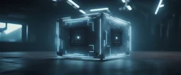 cinematic shot of moving sci fi cube with visual effect