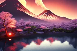 Japanese Fuji Mountain,eruption lava flows into the lake , concept art, smooth, extremely sharp detail, finely tuned detail, ultra high definition, 8 k, unreal engine 5, ultra sharp focus, illustration, magic ambient, bonsai cherry blossom trees , japanese gondolas .