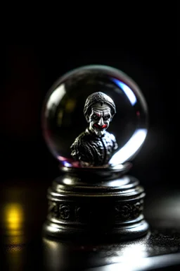 glass crystal ball with joker inside against pitch black background, shot on Hasselblad h6d-400c, zeiss prime lens, bokeh like f/0.8, tilt-shift lens 8k, high detail, smooth render, down-light, unreal engine, prize winning