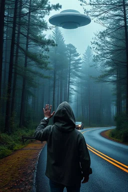 Fantasy forest road a man with hood waiting for a ride raising one hand to the driver to stop on the side of the road car did not stop ufo hovering above the car up