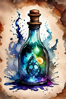pathfinder magical potion bottle, ink wash and watercolor, 8k, ArtStation, DeviantArt