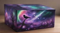 a box 10 cm long by 5 cm wide and 25 cm high, drawn on a box on all sides, space, tress, planets, crow galaxies a lot of colours purple, green and red, very realistic