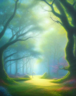 park mystical dream, trees, path, bird, sunshine, mystical, fantasy, romanticism, pastel colors, daylight, daytime, acrylic painting, detailed, soft focus,