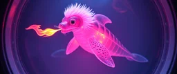 The image depicts a fantastical dolphin snow soup, specifically a transparent with neon plasma aura, with a unique and whimsical appearance. The seal dragon spitting flames is positioned in a circular frame, which suggests it might be inside a container or a vessel. The body is elongated and has a segmented appearance, with a detailed texture that gives it a realistic look. Its head is covered with white, spiky hair, adding to its fantastical charm. From the weird dragon lab.