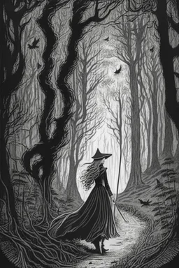 in the style of a Henry Justice Ford drawing, a beautiful witch walks through a forest