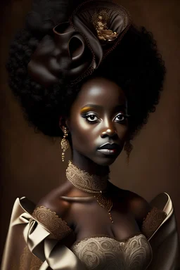 using Rococo style create a dark coffee colored african american bride