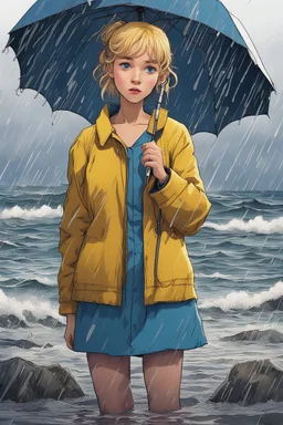 In the music video, a 23-year-old woman with blonde hair and bright blue eyes stands in the sea, se has a bun, dressed in a yellow fisherman's jacket. She holds an umbrella, but it offers no protection from the pouring rain. The rain pours trhough the umbrella. The rain! under the umbrella is petrol blue, the rain that goes trough the umberella transforms. She is paitend blue because of the blue rain drops. The rain is pouring heavily. She is standing in the middle of the sea.