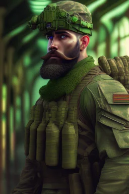 photorealistic male bearded handsome soldier, hyperdetailed painting, luminism, Bar lighting, complex, od green miltary, 4k resolution concept art, Artgerm, WLOP, Alphonse Mucha, 3d render, octane render, intricately detailed, cinematic, awesome full color, hand drawn, dark, gritty, cinematic, buckeye burl