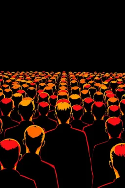 "A conceptual black-and- yellow Red digital illustration of a massive bold heads walking in the same direction, heads up, symbolizing conformity. The atmosphere feels lifeless and repetitive, emphasizing the ordinary mindset of the majority."