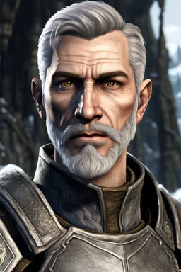 An old male imperial legionnaire from Skyrim with brown eyes, short gray hair and a light beard