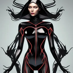 This spider woman is a formidable sight to behold, with the body of a human woman and the head and legs of a spider. She is dressed in a sleek black and red leather suit, with a hood that covers her spider head. Her skin is covered in shimmering black scales, and her eyes glow a bright, otherworldly green. She is fast and agile, able to climb walls and ceilings with ease. She has venomous fangs and sharp claws, and she can spin webs of magical energy to ensnare her enemies. She is intelligent an