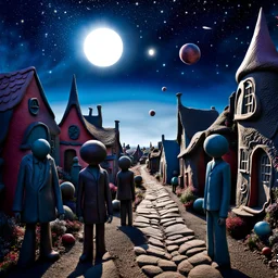 Detailed giant people, odd, creepy street made of modeling clay, sky, naïve, kh7, village, stars and planets, splimapys, sun, splops, volumetric light flowers, naïve, Tim Burton, strong texture, sgudyut, orero dream, extreme detail, 2mkl, Max Ernst, odd, decal, rich moody colors, sparkles, Harry Potter, bokeh