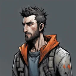 man,, looking serious, comic book, post-apocalypse, grey background