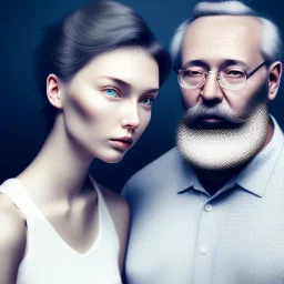 a young woman sitting next to a 50-year-old man with a beard and short hair, portrait, 8K, close-up face, anatomically perfect face, Highly detailed stunning full frame portrait, misty and cloudy atmosphere