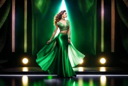 a very beautiful lady with makeup and curvy hair, wearing a pretty green jewelled long skirt with blouse and high heels, dancing over a modern stage with luxury metalic fractal recursive structures and dynamic color lights.3by 2