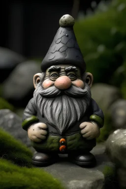portrait of a rock gnome with black hair who looks middle aged but has no facial hair