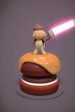 sponge cake filled with chocolate topped with a marzipan Jedi holding a lightsaber