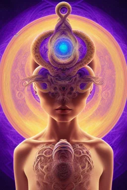 Spiritual being with Tentacles over human Head creating reality around, wrapping Spiral around Human, Psychedelic