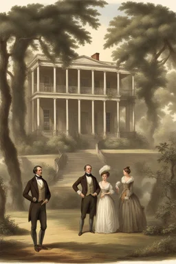 Illustrate a grand plantation setting in the 1800s, with Isaac Franklin and John Armfield as wealthy slave owners. Highlight their opulent lifestyle and the beginning of their partnership.