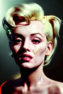 Ultra Realistic image, portrait, blonde woman, sweet Marylin Monroe face, perfect iris, glow eyes, gold makeup. Cyberpunk style, latex coat, fog, rain, soft color, highly detailed, unreal engine 5, ray tracing, RTX, lumen lighting, ultra detail, volumetric lighting, 3d, finely drawn, high definition, high resolution.