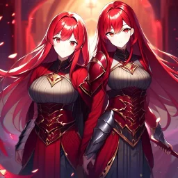 girl, masterpiece, best quality, cinematic lighting, detailed outfit, perfect eyes, long hair, red hair, red eyes, vibrant colors, twins, armored clothes,