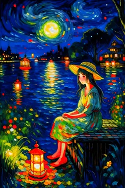 anime girl at night by Monet
