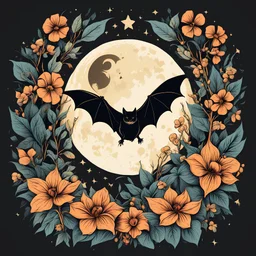 Best quality, masterpiece, ultra high res, detailed, illustration, design, flat vector style, high resolution, illustraTed, shadows and light, aesthetic, modern, ambient lighting, flat colors, vector illustration, bat, moon, leaves, stars, flowers, sailor jerry tattoo, old school tattoo