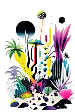 Exploring a colorful alien planet with strange flora and fauna. white background with black lines