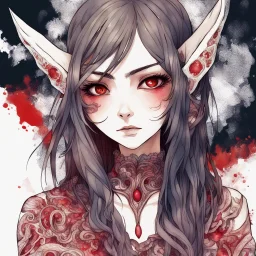 close-up headshot, woman with long brown hair, red eyes, red patches of detailed scales on face, pointed ears, beautiful monster, intricately detailed, colored sketchy manga style, splotchy watercolor background