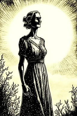 A hauntingly beautiful ink drawing of a woman in a summer dress, her face illuminated by the sun's rays.