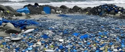 A dark blue beach covered in trash designed in Ica stones painted by Paul Gaugauin