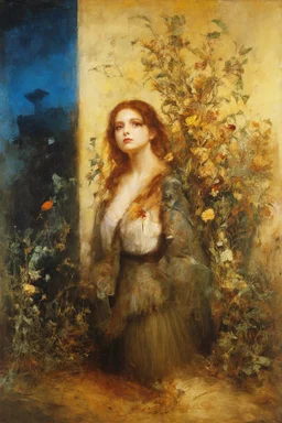 One woman, flowers, vegetations, gothic horror films influence, creepy, depressive, gloomy, witch influence, arnold bocklin, and henry fuseli paintings